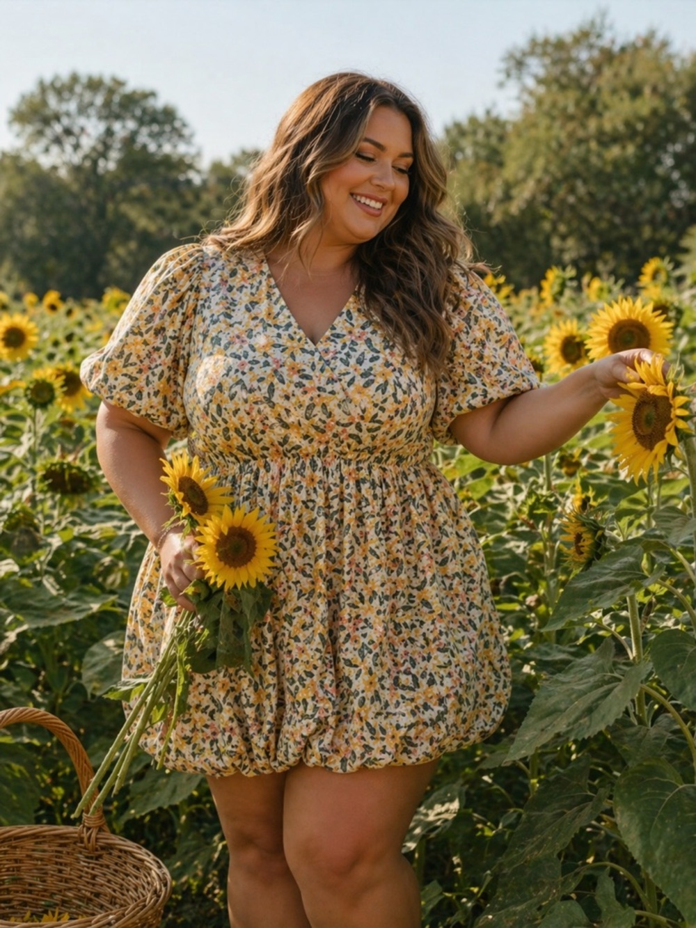 Floral Puff-Sleeve Mini Dress in Yellow
